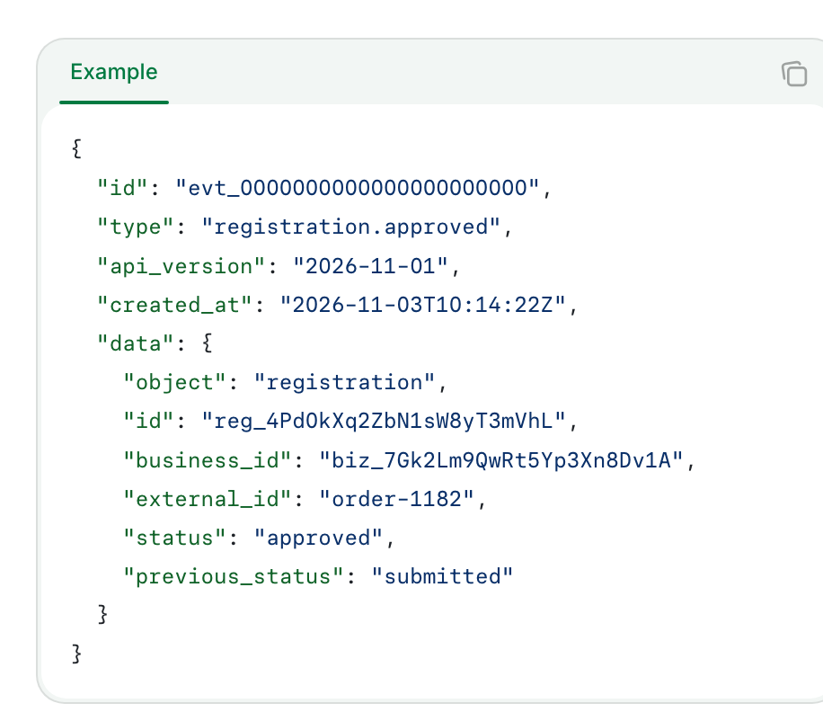 The registration.approved webhook in the FastCAC docs