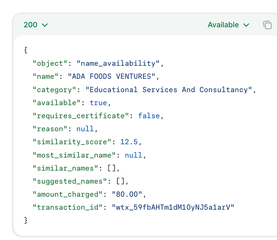 The Check a business name response in the FastCAC docs