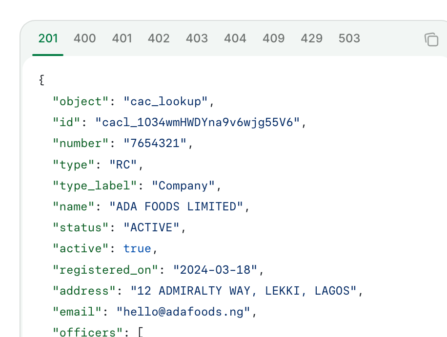 The Look up a business response in the FastCAC docs