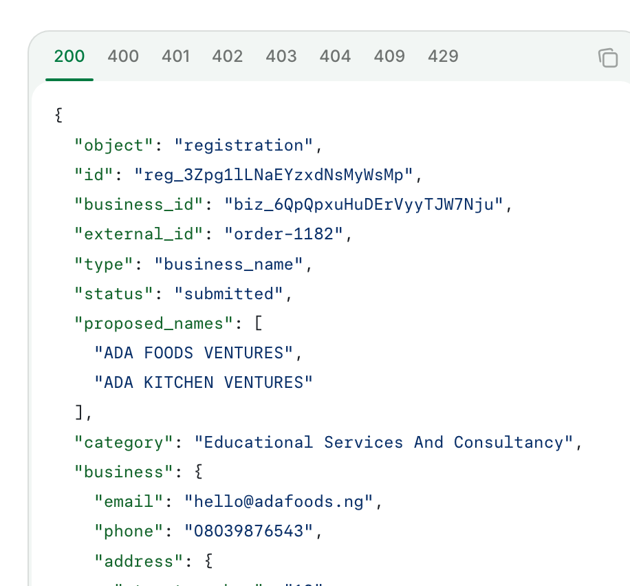 The Submit a registration response in the FastCAC docs