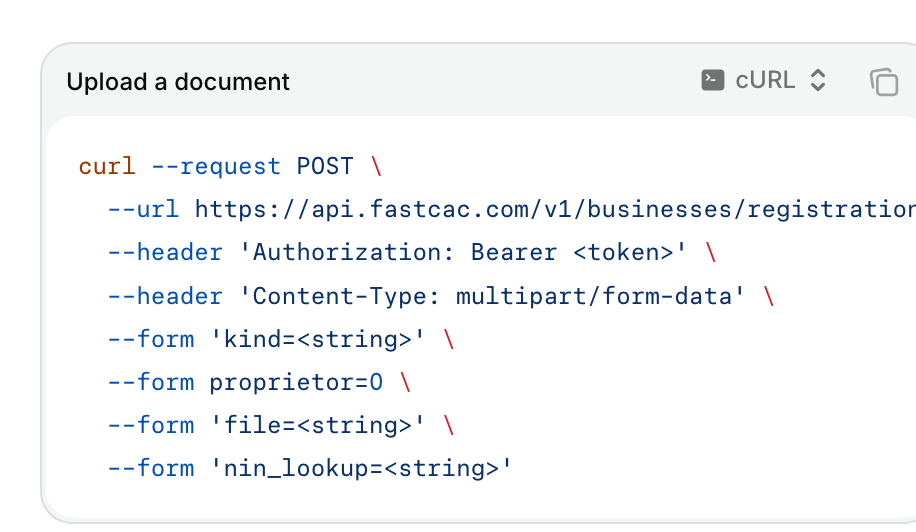 The Upload a document request in the FastCAC docs